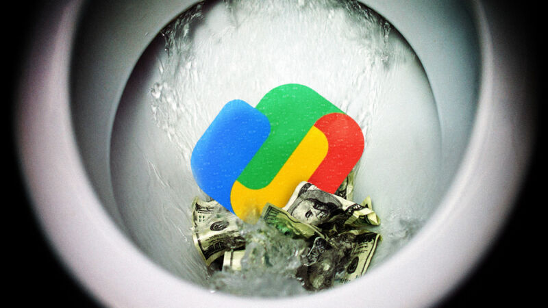 The Google Play logo is flushed down a toilet alongside many dollar bills.